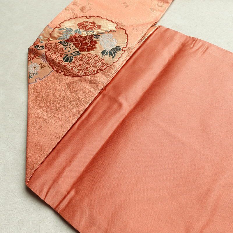 名古屋帯 六通柄 美品 正絹 古典柄 名古屋仕立て 帯 サーモンピンク ピンク_画像19