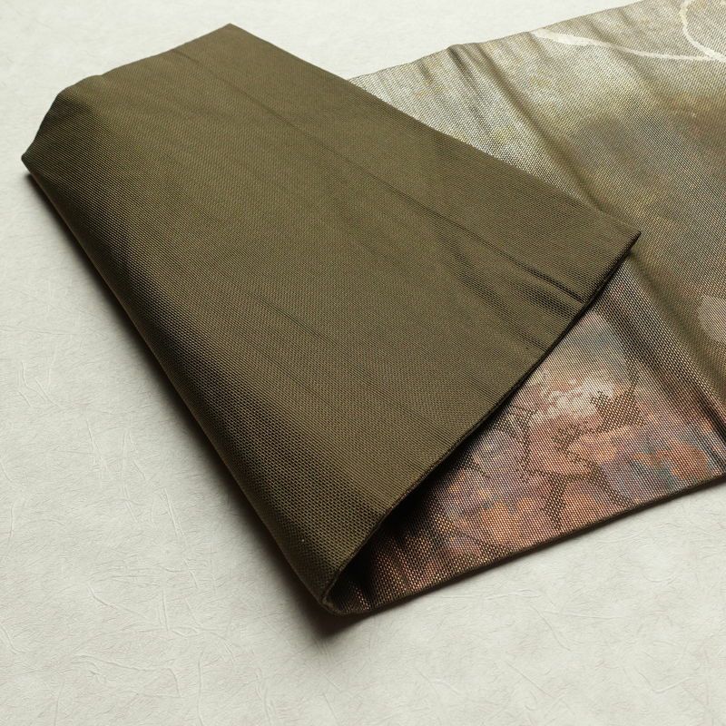 名古屋帯 六通柄 正絹 名古屋仕立て 箔 カーキ 帯 緑・うぐいす色 古典柄_画像9