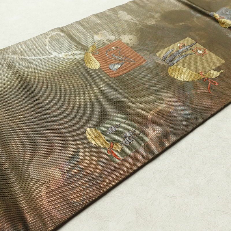 名古屋帯 六通柄 正絹 名古屋仕立て 箔 カーキ 帯 緑・うぐいす色 古典柄_画像11
