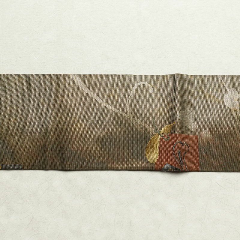 名古屋帯 六通柄 正絹 名古屋仕立て 箔 カーキ 帯 緑・うぐいす色 古典柄_画像13