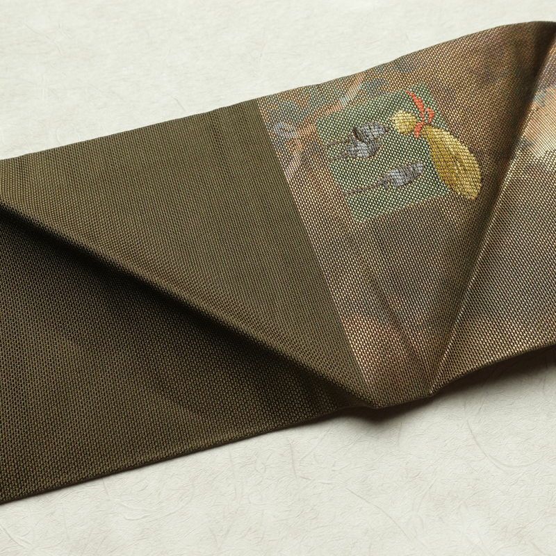 名古屋帯 六通柄 正絹 名古屋仕立て 箔 カーキ 帯 緑・うぐいす色 古典柄_画像15