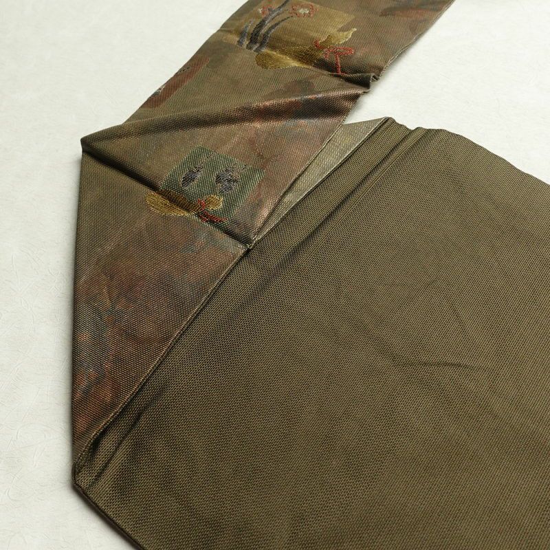 名古屋帯 六通柄 正絹 名古屋仕立て 箔 カーキ 帯 緑・うぐいす色 古典柄_画像18