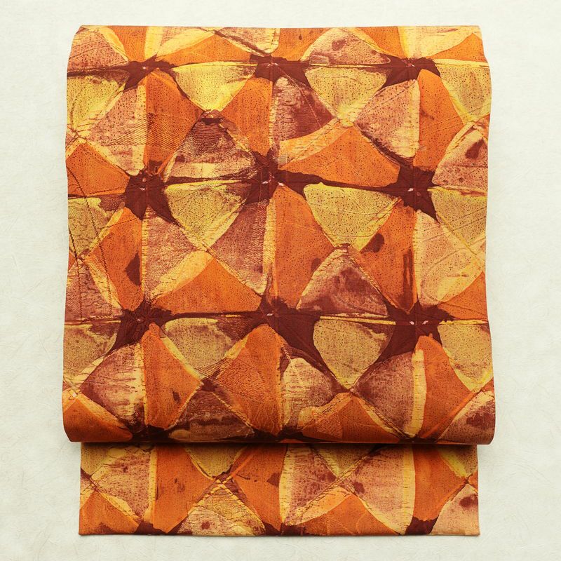 名古屋帯 全通柄 良品 正絹 幾何学柄・抽象柄 名古屋仕立て 帯 橙_画像1