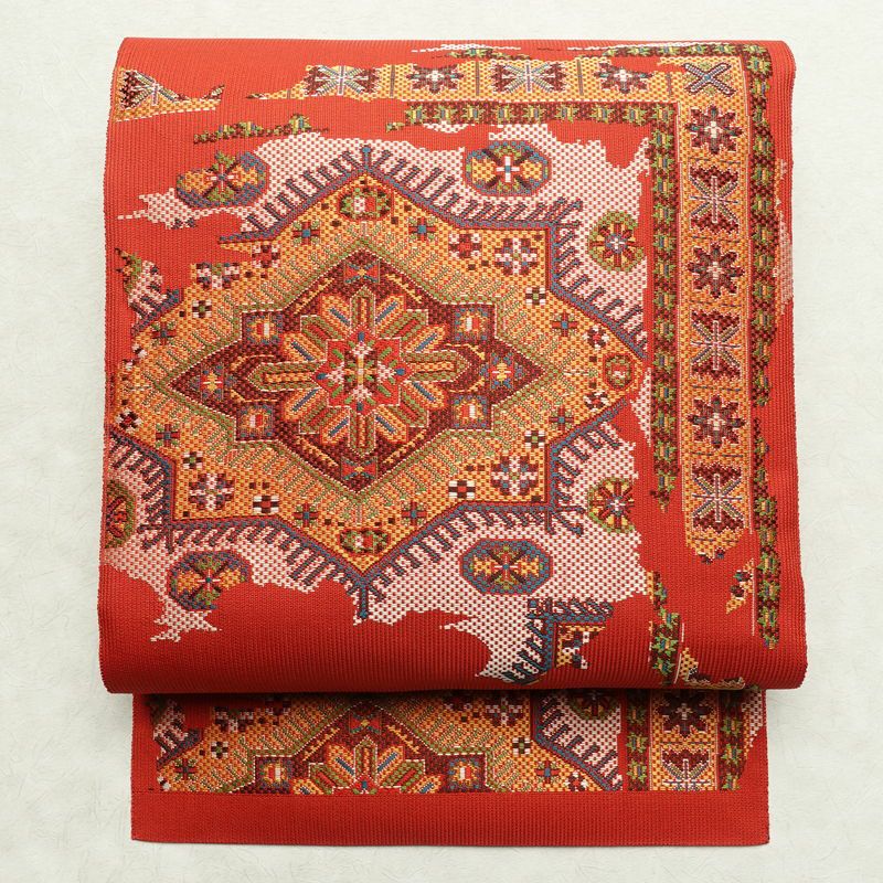 名古屋帯 六通柄 美品 正絹 幾何学柄・抽象柄 名古屋仕立て 帯 赤・朱_画像1