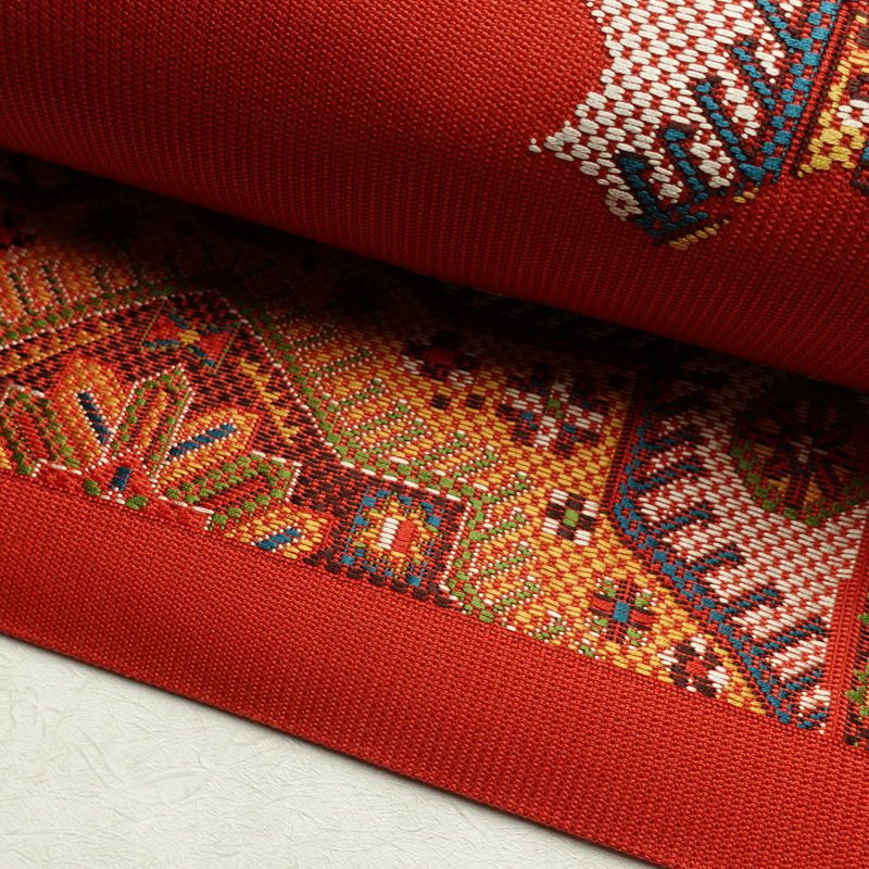 名古屋帯 六通柄 美品 正絹 幾何学柄・抽象柄 名古屋仕立て 帯 赤・朱_画像8