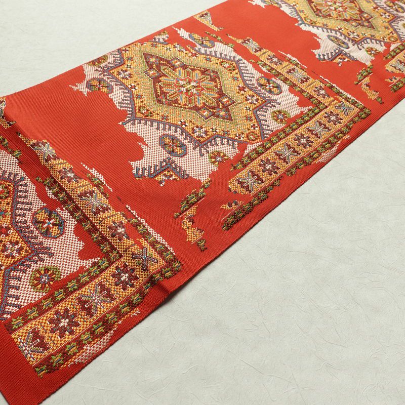 名古屋帯 六通柄 美品 正絹 幾何学柄・抽象柄 名古屋仕立て 帯 赤・朱_画像9