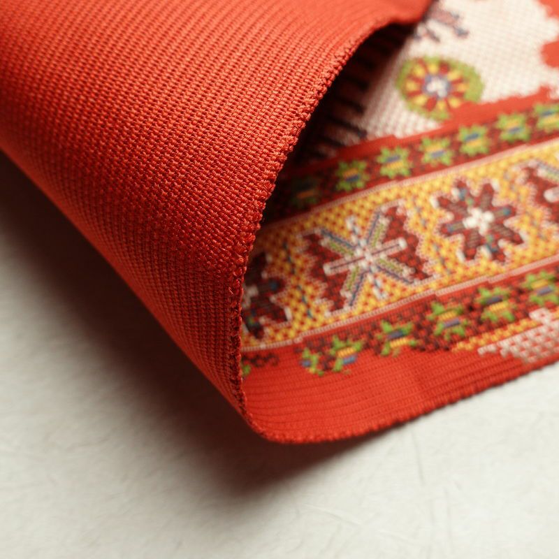 名古屋帯 六通柄 美品 正絹 幾何学柄・抽象柄 名古屋仕立て 帯 赤・朱_画像11