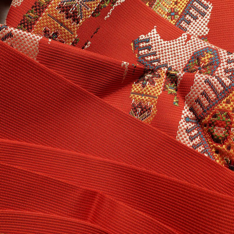 名古屋帯 六通柄 美品 正絹 幾何学柄・抽象柄 名古屋仕立て 帯 赤・朱_画像18