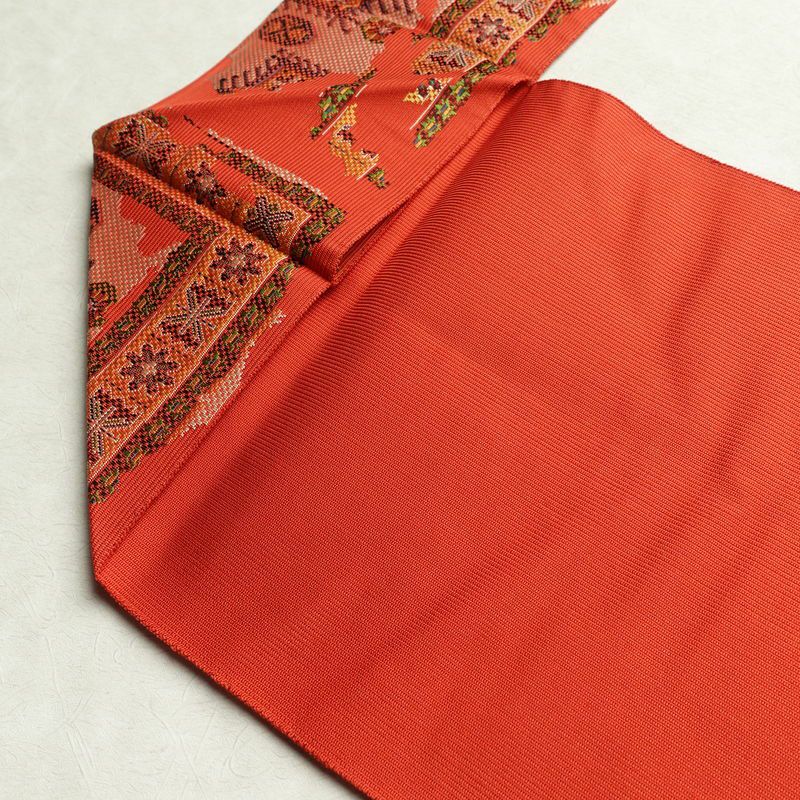 名古屋帯 六通柄 美品 正絹 幾何学柄・抽象柄 名古屋仕立て 帯 赤・朱_画像19