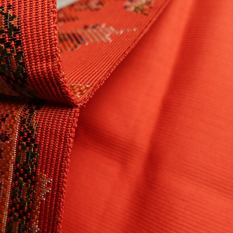 名古屋帯 六通柄 美品 正絹 幾何学柄・抽象柄 名古屋仕立て 帯 赤・朱_画像20