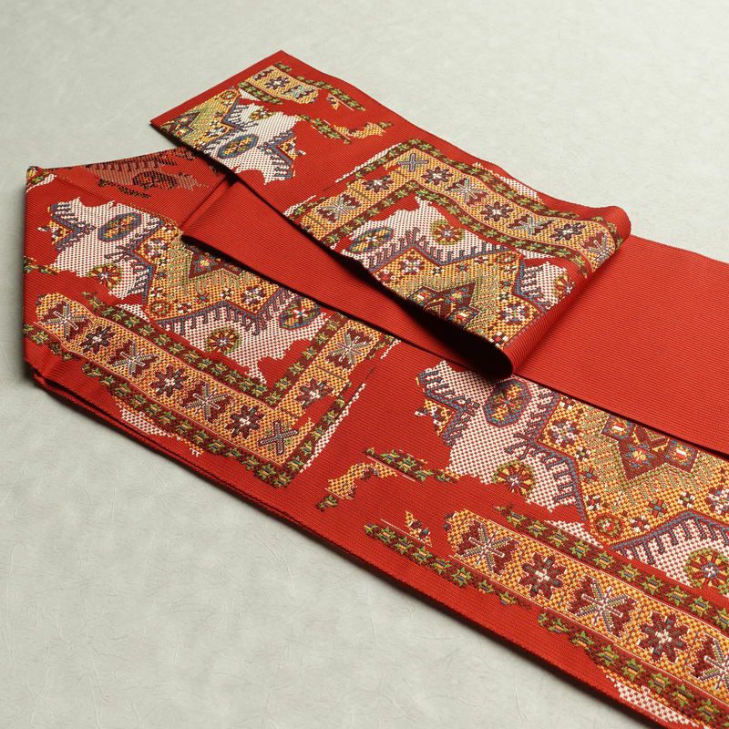 名古屋帯 六通柄 美品 正絹 幾何学柄・抽象柄 名古屋仕立て 帯 赤・朱_画像21
