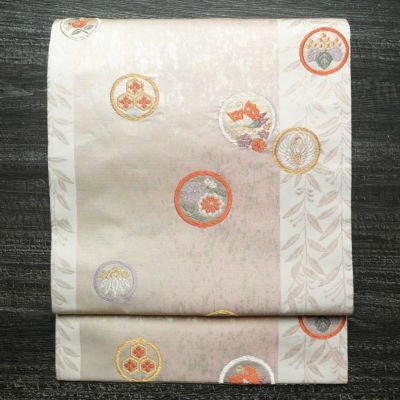 名古屋帯 六通柄 正絹 通し仕立て 箔 金糸 帯 ピンク