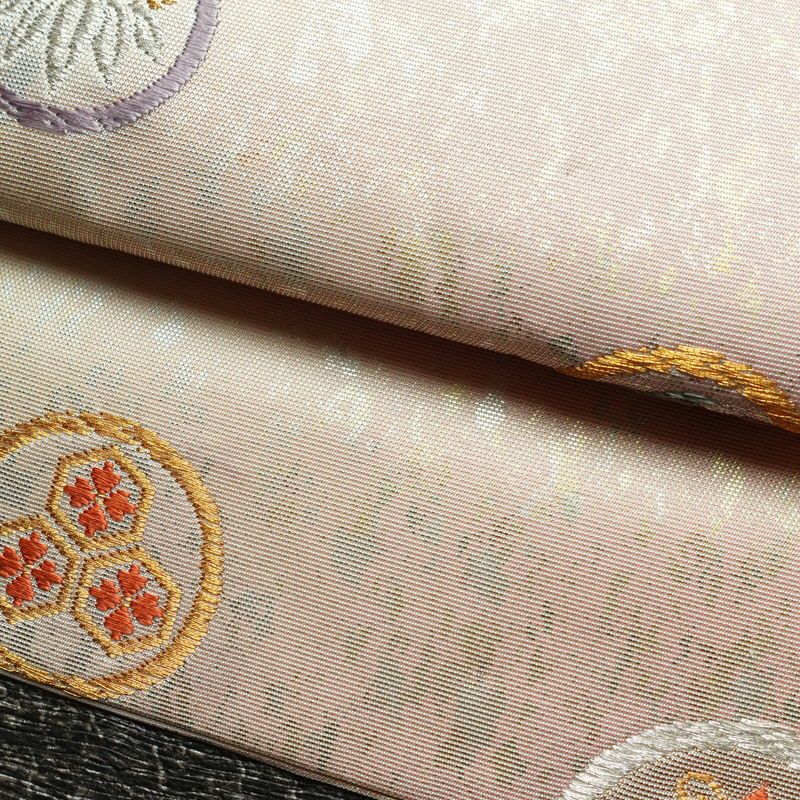名古屋帯 六通柄 正絹 通し仕立て 箔 金糸 帯 ピンク_画像5