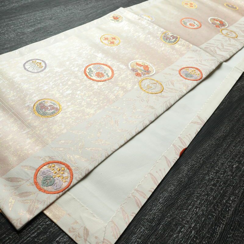 名古屋帯 六通柄 正絹 通し仕立て 箔 金糸 帯 ピンク_画像6