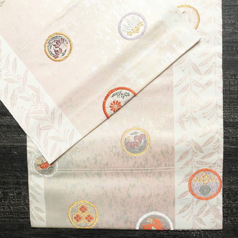 名古屋帯 六通柄 正絹 通し仕立て 箔 金糸 帯 ピンク_画像11