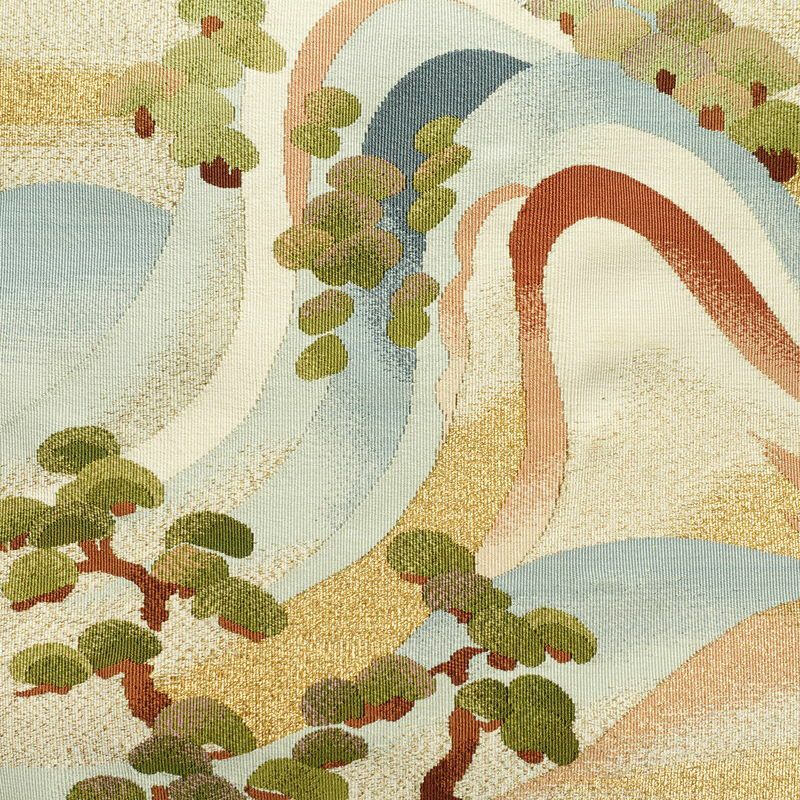 名古屋帯 つづれ織 太鼓柄 正絹 風景柄 通し仕立て 金糸 帯 ベージュ_画像2