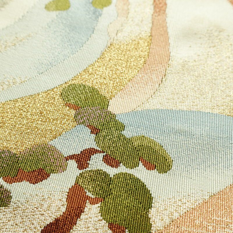 名古屋帯 つづれ織 太鼓柄 正絹 風景柄 通し仕立て 金糸 帯 ベージュ_画像3