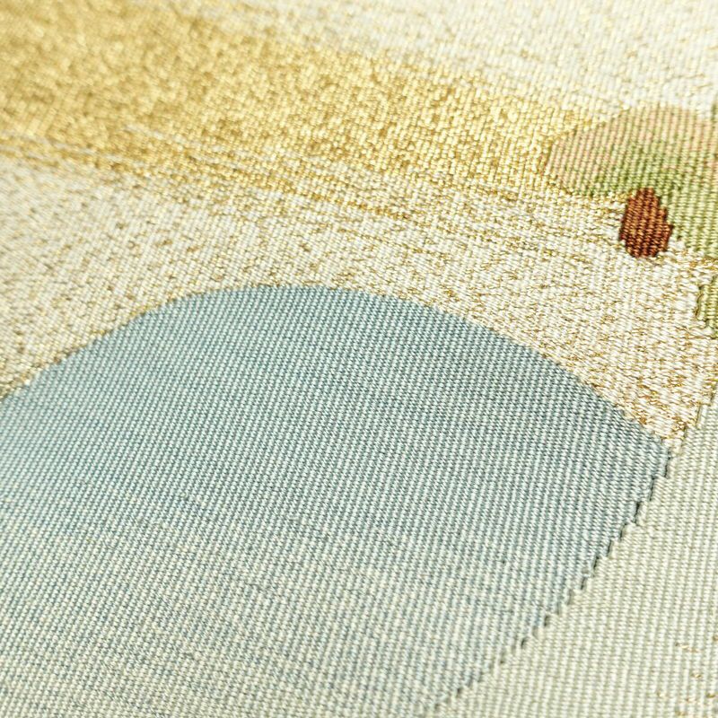 名古屋帯 つづれ織 太鼓柄 正絹 風景柄 通し仕立て 金糸 帯 ベージュ_画像5