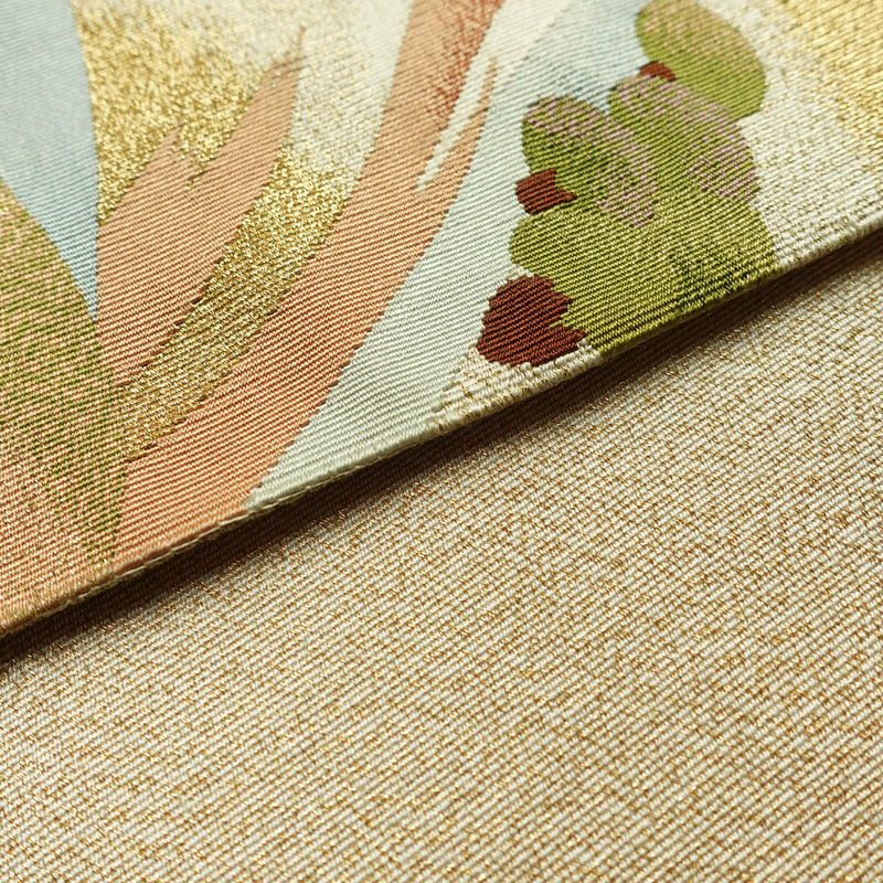 名古屋帯 つづれ織 太鼓柄 正絹 風景柄 通し仕立て 金糸 帯 ベージュ_画像12