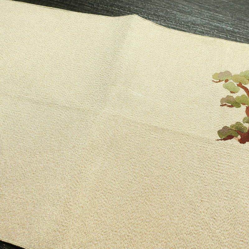 名古屋帯 つづれ織 太鼓柄 正絹 風景柄 通し仕立て 金糸 帯 ベージュ_画像16