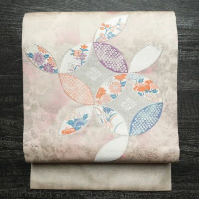 名古屋帯 太鼓柄 正絹 古典柄 名古屋仕立て 箔 帯 ピンク