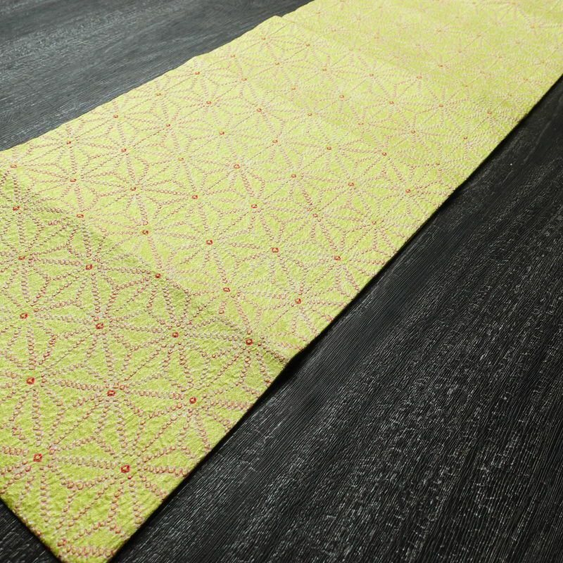 名古屋帯 全通柄 絞り 正絹 麻の葉柄 名古屋仕立て 帯 緑・うぐいす色_画像7