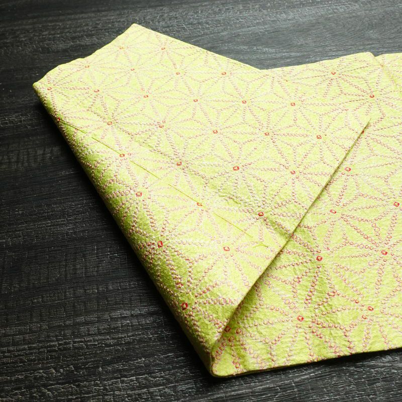 名古屋帯 全通柄 絞り 正絹 麻の葉柄 名古屋仕立て 帯 緑・うぐいす色_画像8