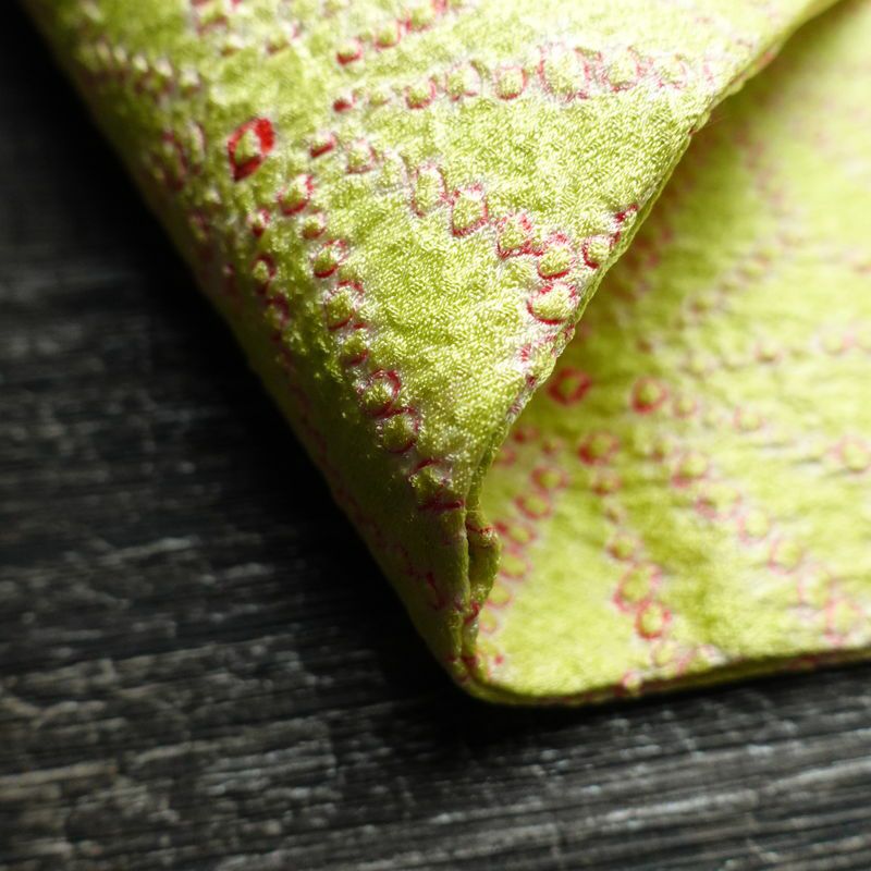 名古屋帯 全通柄 絞り 正絹 麻の葉柄 名古屋仕立て 帯 緑・うぐいす色_画像9