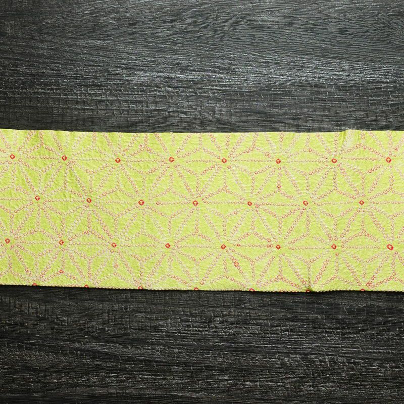 名古屋帯 全通柄 絞り 正絹 麻の葉柄 名古屋仕立て 帯 緑・うぐいす色_画像12