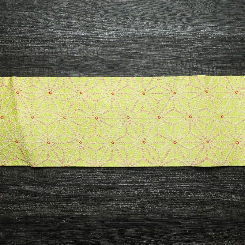 名古屋帯 全通柄 絞り 正絹 麻の葉柄 名古屋仕立て 帯 緑・うぐいす色_画像13