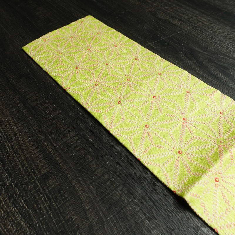 名古屋帯 全通柄 絞り 正絹 麻の葉柄 名古屋仕立て 帯 緑・うぐいす色_画像14