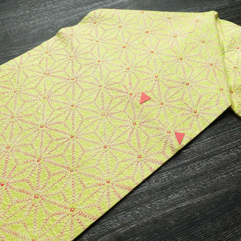 名古屋帯 全通柄 絞り 正絹 麻の葉柄 名古屋仕立て 帯 緑・うぐいす色_画像15