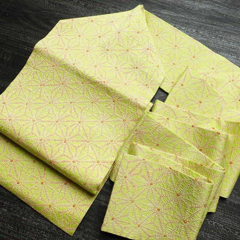 名古屋帯 全通柄 絞り 正絹 麻の葉柄 名古屋仕立て 帯 緑・うぐいす色_画像17