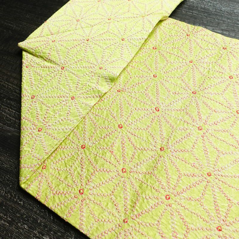 名古屋帯 全通柄 絞り 正絹 麻の葉柄 名古屋仕立て 帯 緑・うぐいす色_画像19