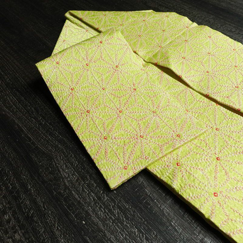 名古屋帯 全通柄 絞り 正絹 麻の葉柄 名古屋仕立て 帯 緑・うぐいす色_画像21