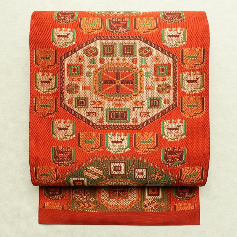 名古屋帯 六通柄 良品 正絹 幾何学柄・抽象柄 名古屋仕立て 帯 橙_画像1