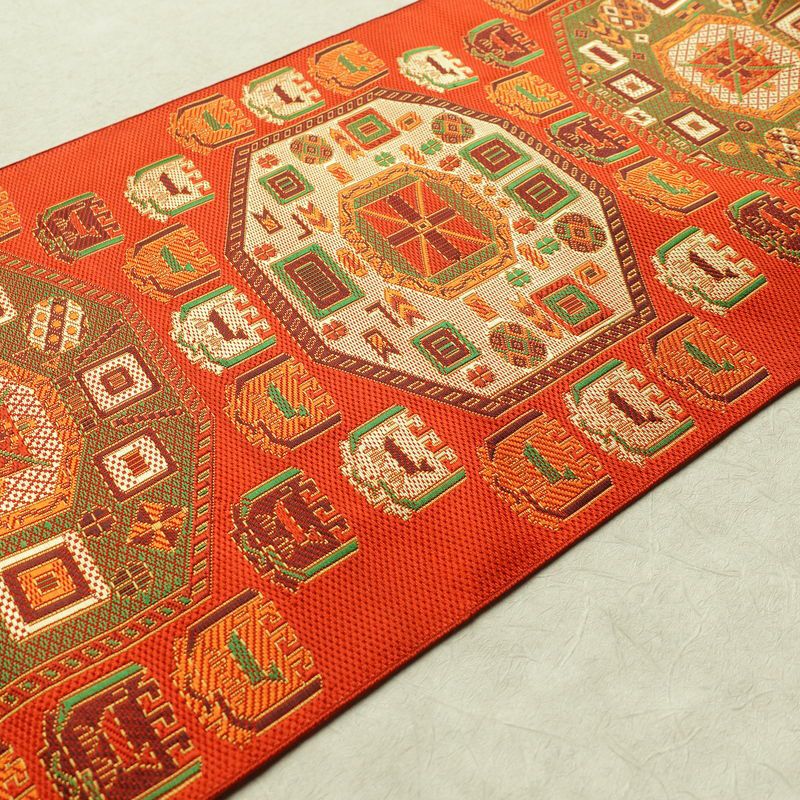 名古屋帯 六通柄 良品 正絹 幾何学柄・抽象柄 名古屋仕立て 帯 橙_画像11