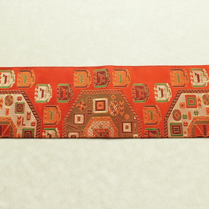 名古屋帯 六通柄 良品 正絹 幾何学柄・抽象柄 名古屋仕立て 帯 橙_画像14