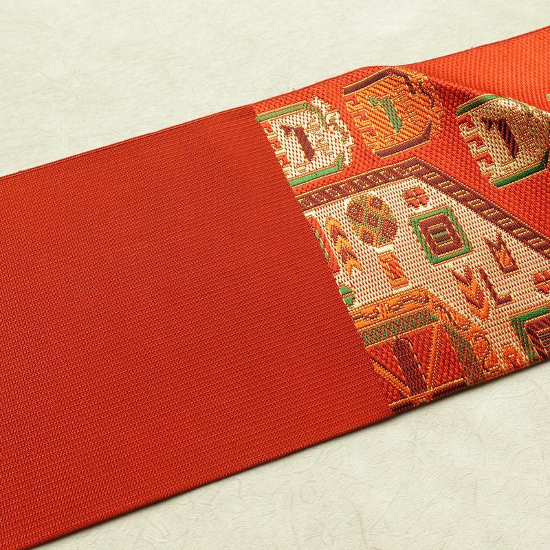 名古屋帯 六通柄 良品 正絹 幾何学柄・抽象柄 名古屋仕立て 帯 橙_画像15