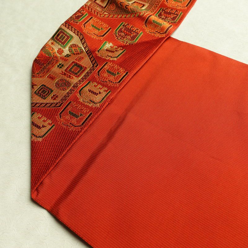 名古屋帯 六通柄 良品 正絹 幾何学柄・抽象柄 名古屋仕立て 帯 橙_画像19