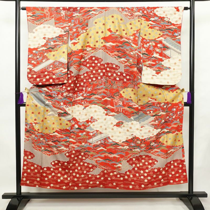 訪問着 金駒刺繍 正絹 古典柄 袷仕立て 身丈151cm 裄丈63.5cm 箔 刺繍 金彩 フォーマル 着物 赤・朱_画像1