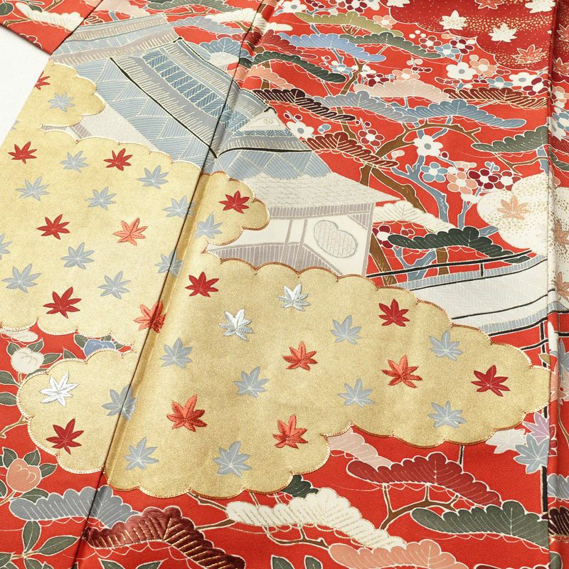 訪問着 金駒刺繍 正絹 古典柄 袷仕立て 身丈151cm 裄丈63.5cm 箔 刺繍 金彩 フォーマル 着物 赤・朱_画像5