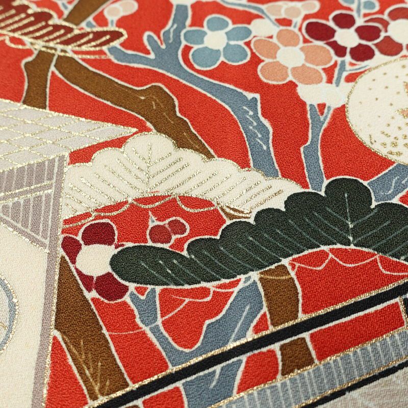 訪問着 金駒刺繍 正絹 古典柄 袷仕立て 身丈151cm 裄丈63.5cm 箔 刺繍 金彩 フォーマル 着物 赤・朱_画像8