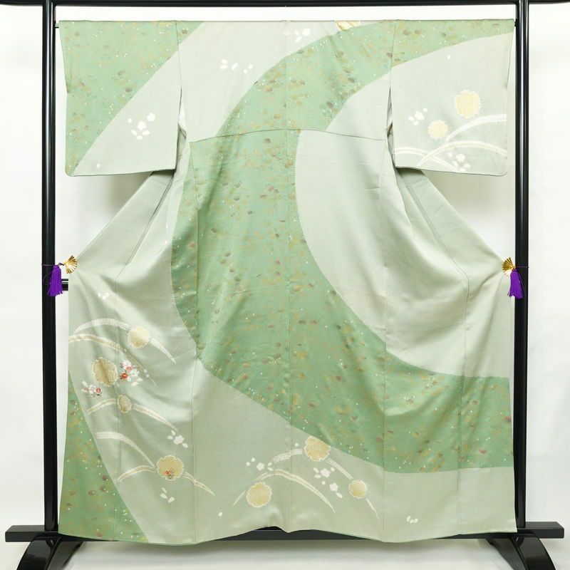 訪問着 良品 絞り 金駒刺繍 一つ紋付き 正絹 木の葉・植物柄 袷仕立て 身丈158cm 裄丈67.5cm 箔 刺繍 金彩 フォーマル 着物 入学式 卒業式 結婚式 緑・うぐいす色_画像1