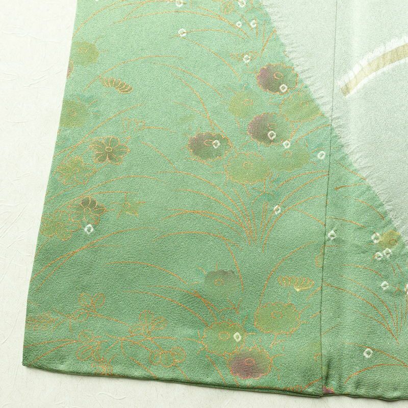 訪問着 良品 絞り 金駒刺繍 一つ紋付き 正絹 木の葉・植物柄 袷仕立て 身丈158cm 裄丈67.5cm 箔 刺繍 金彩 フォーマル 着物 入学式 卒業式 結婚式 緑・うぐいす色_画像11