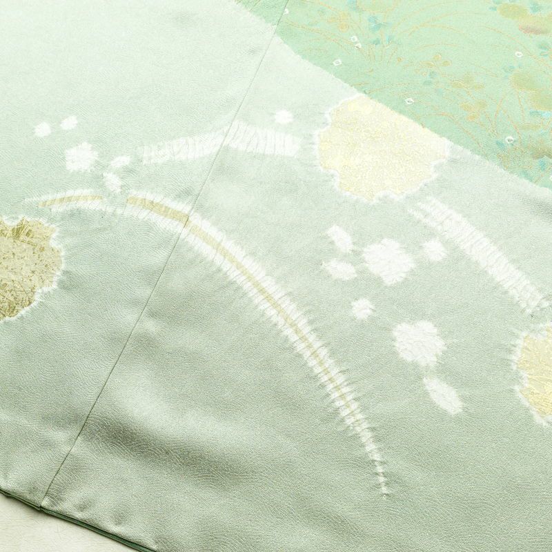 訪問着 良品 絞り 金駒刺繍 一つ紋付き 正絹 木の葉・植物柄 袷仕立て 身丈158cm 裄丈67.5cm 箔 刺繍 金彩 フォーマル 着物 入学式 卒業式 結婚式 緑・うぐいす色_画像12