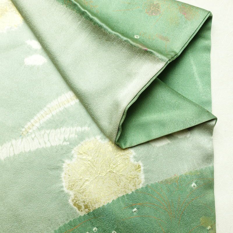 訪問着 良品 絞り 金駒刺繍 一つ紋付き 正絹 木の葉・植物柄 袷仕立て 身丈158cm 裄丈67.5cm 箔 刺繍 金彩 フォーマル 着物 入学式 卒業式 結婚式 緑・うぐいす色_画像17