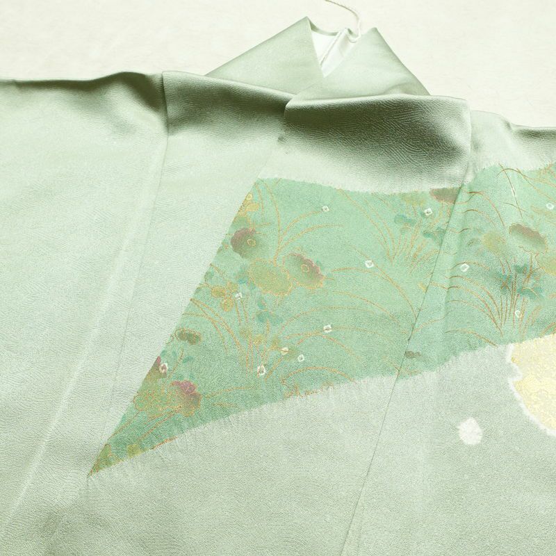 訪問着 良品 絞り 金駒刺繍 一つ紋付き 正絹 木の葉・植物柄 袷仕立て 身丈158cm 裄丈67.5cm 箔 刺繍 金彩 フォーマル 着物 入学式 卒業式 結婚式 緑・うぐいす色_画像18