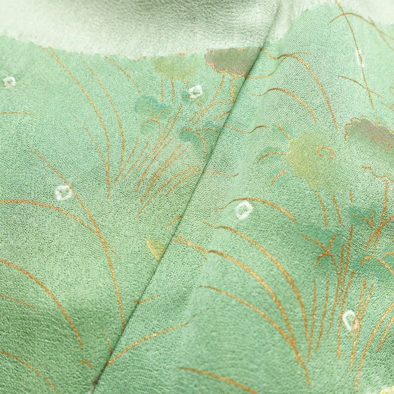 訪問着 良品 絞り 金駒刺繍 一つ紋付き 正絹 木の葉・植物柄 袷仕立て 身丈158cm 裄丈67.5cm 箔 刺繍 金彩 フォーマル 着物 入学式 卒業式 結婚式 緑・うぐいす色_画像19