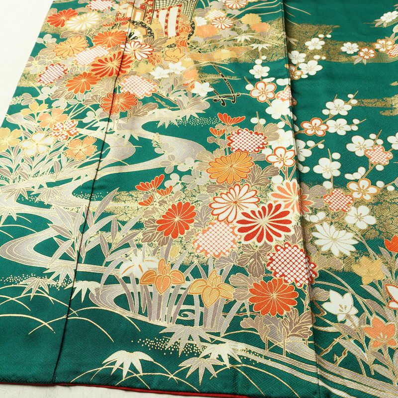 振袖 良品 正絹 古典柄 袷仕立て 身丈163cm 裄丈67.5cm 箔 金彩 フォーマル 着物 成人式 二十歳 御所車 松竹梅 菖蒲 緑・うぐいす色_画像4